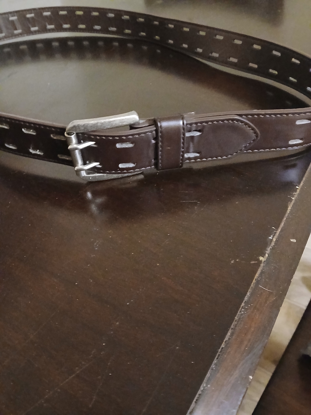Classic Brown Leather Womans Belt with Double-Prong Buckle